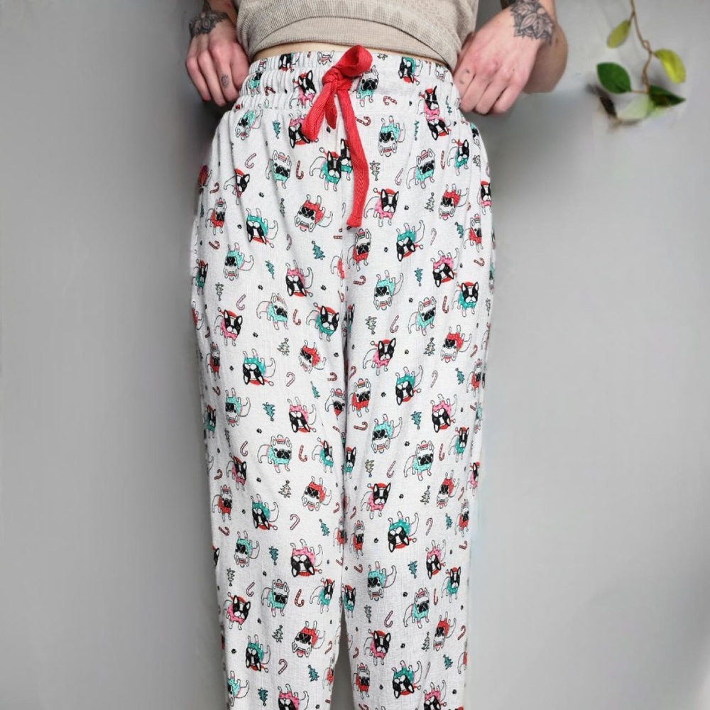 Holiday French Bulldog Pajama Pants with Cat Print and Red Drawstring
